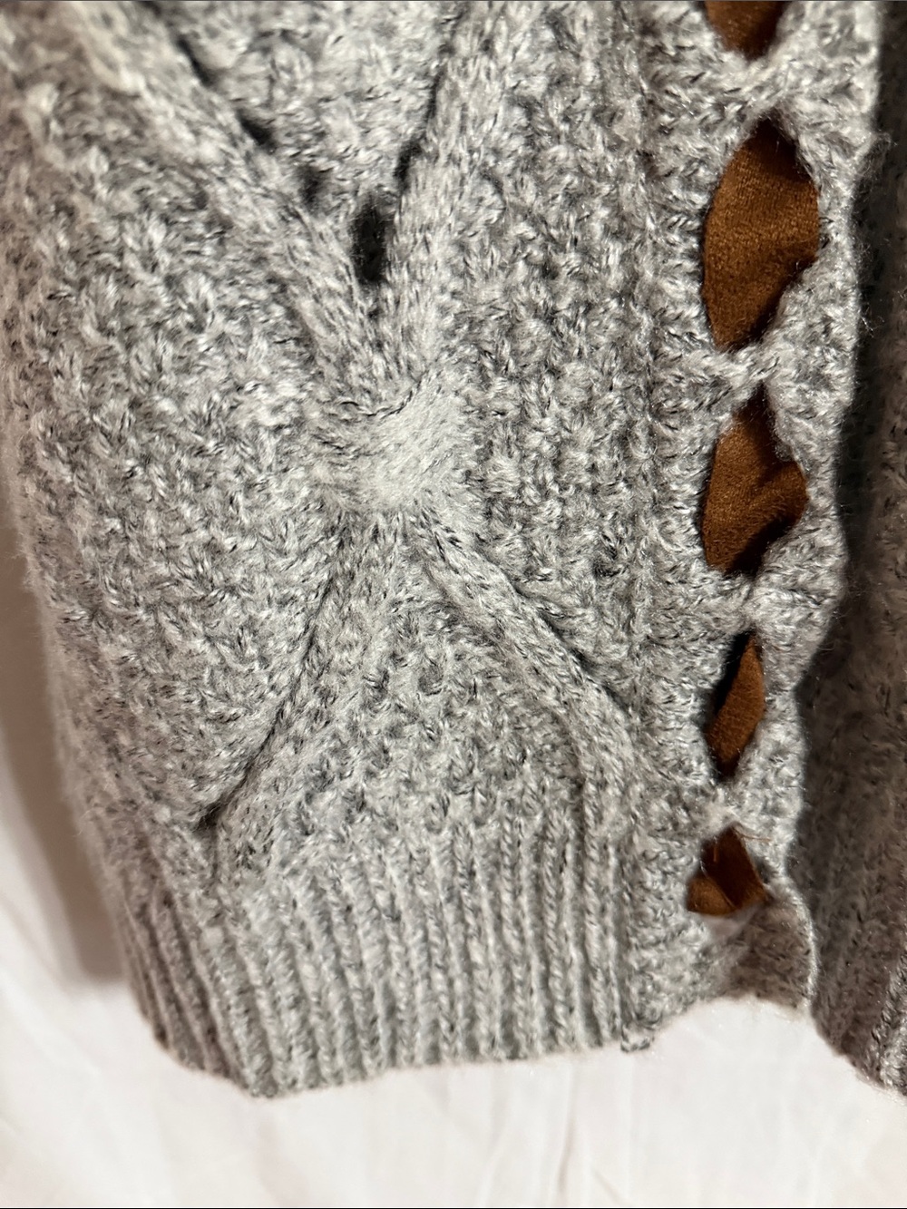 POL Light Gray Open Cable-Knit Cardigan with Brown Elbow Patches - Picture 9 of 16